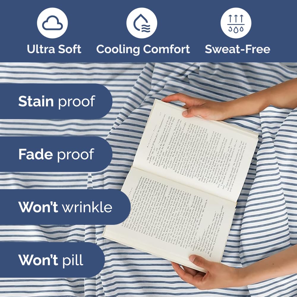 Extra Deep Pocket Split King Sheets - 5 Piece Breathable & Cooling Bed Sheets - Hotel Luxury Bed Sheet Set - Soft, Wrinkle Free & Comfy - Easily Fits Extra Deep Mattresses - Blue Striped Sheets Set