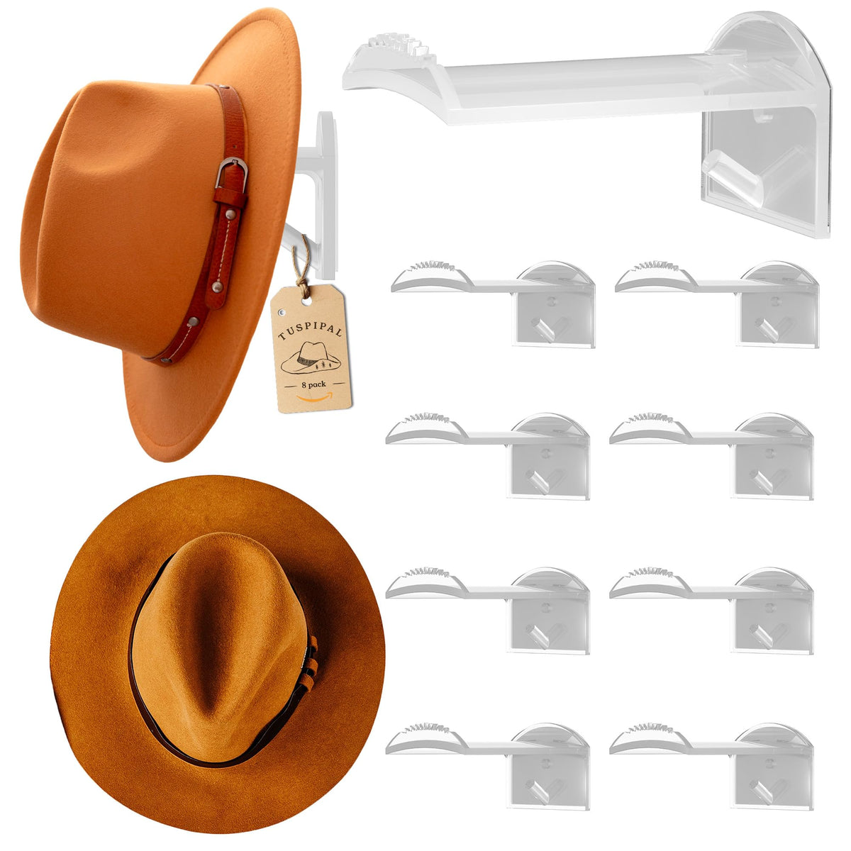 Tuspipal 2.9Inch Hat Hooks For Wall  (8 Pack) Cowboy Hat Rack,Suitablesun Hats, Fedora, Wide Brim Hats Strong Hold Hat Hangers