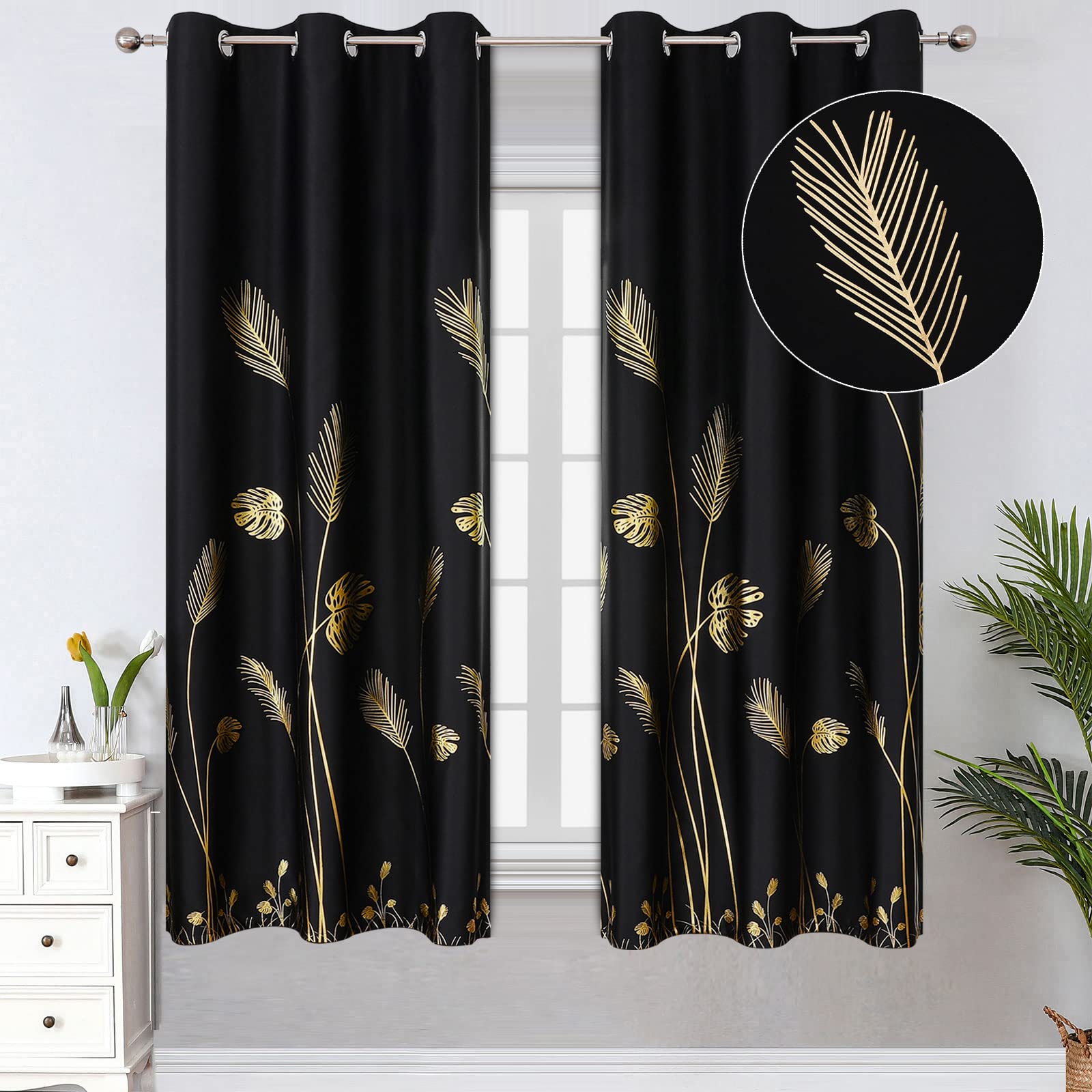 Estelar Textiler Gold And Black Blackout Curtains 2 Panels Set Thermal Insulated Window Curtains Grommet Filed Style Designed Le