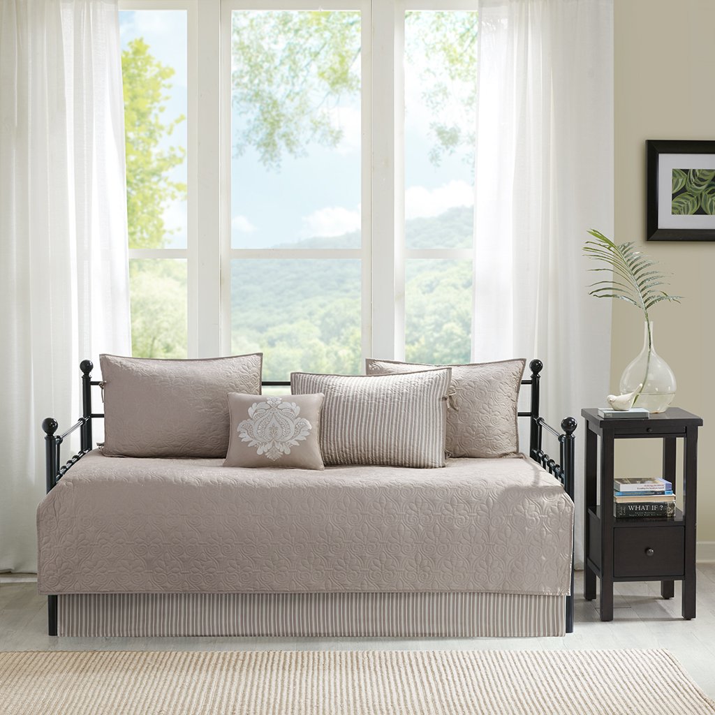 Madison Park Cotton Daybed Cover Set-Double Sided Quilting Classic Cottage Design All Season Bedding With Bedskirt, Matching Shams, Decorative Pillow, 39'X75', Quebec Khaki 6 Piece