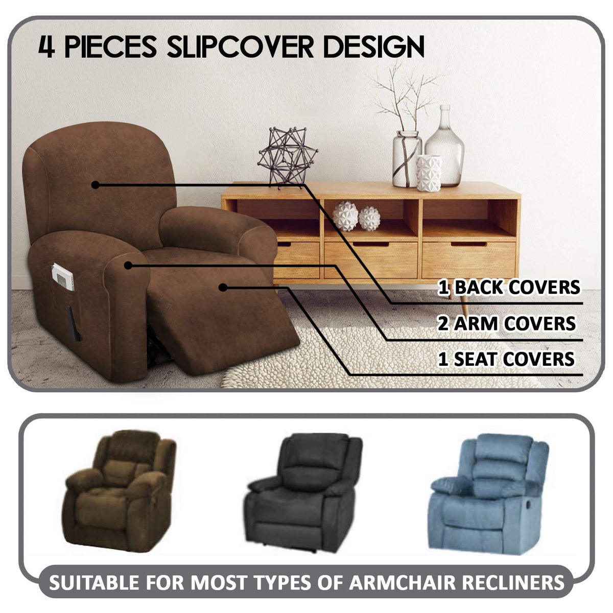 Ulticor 4-Piece, 1 Seat Recliner Cover, Velvet Stretch Reclining Chair Covers For 1 Cushion Reclining Sofa, Single Seat Recliner Couch Cover, Thick, Very Soft, Machine Washable (Chocolate)