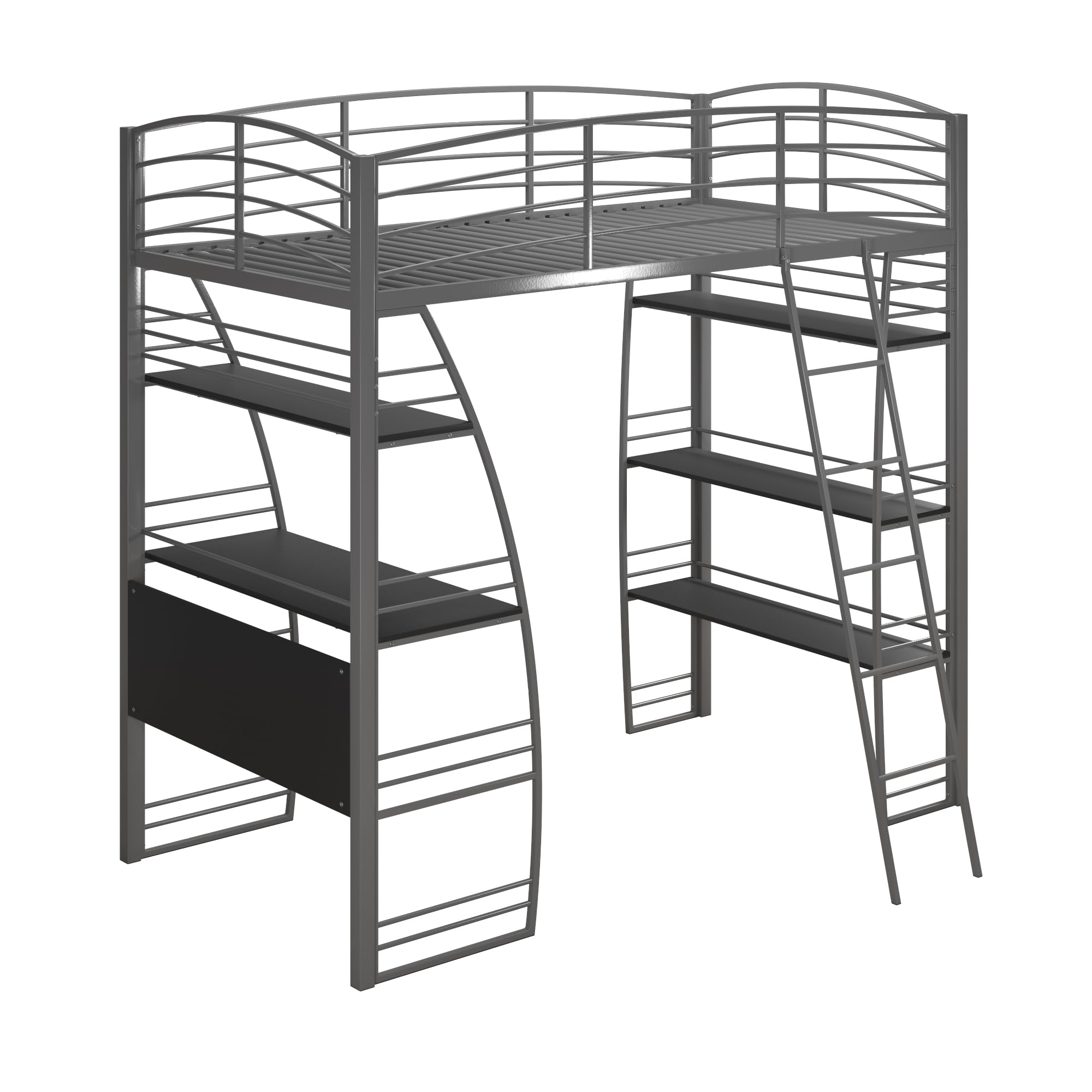 DHP Studio Loft Bunk Bed Over Desk and Bookcase with Metal Frame, Twin, Gray Gray