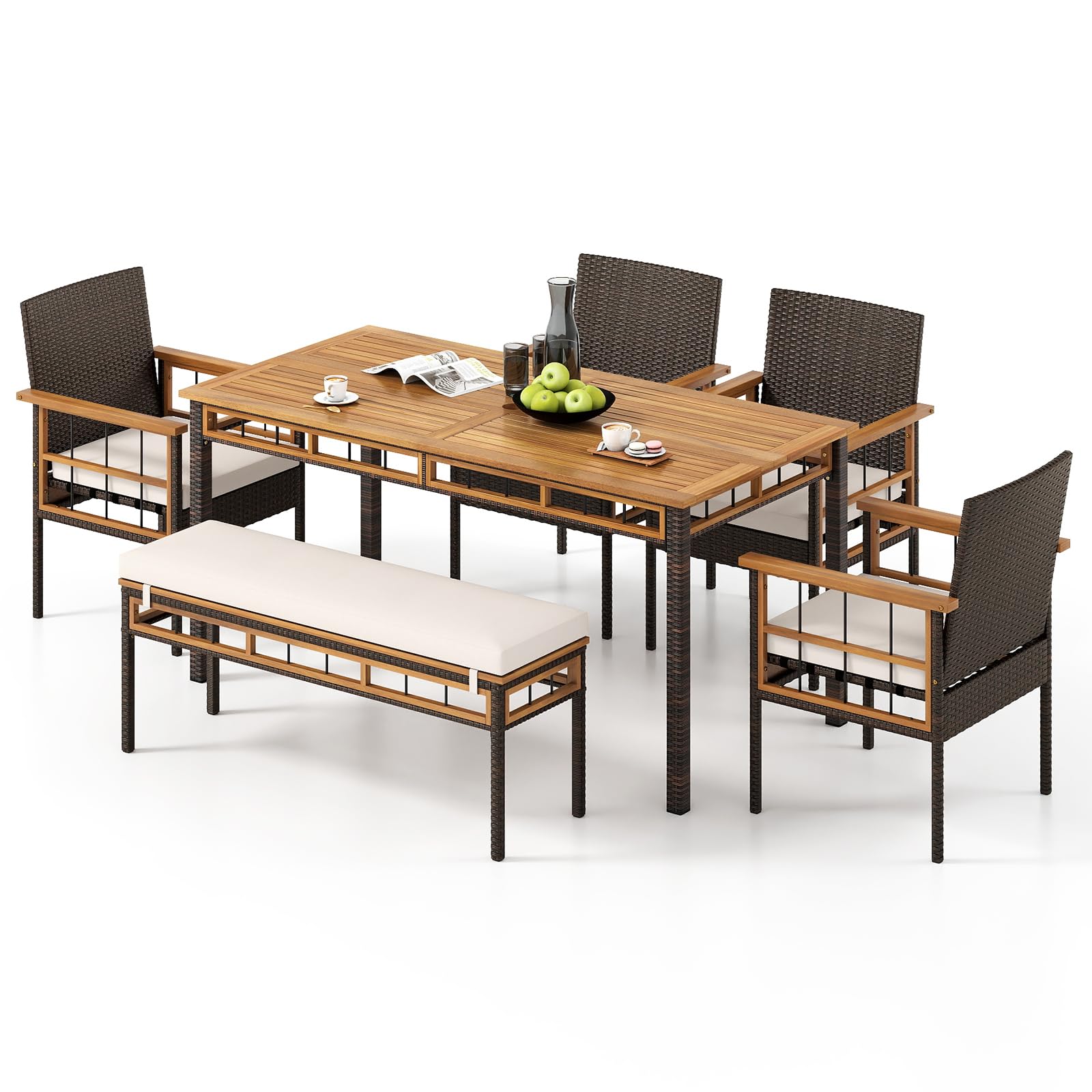 Tangkula 6 Pieces Patio Dining Table Set, Outdoor Rectangular Acacia Wood Table with 1.97    Umbrella Hole & Cushioned Backless 