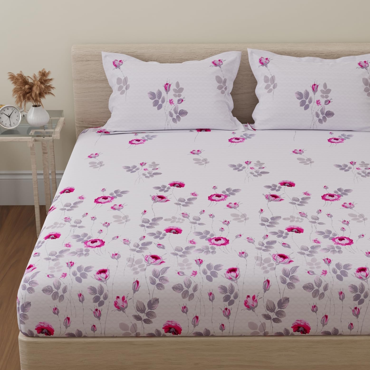 Huesland By Ahmedabad Cotton 144 Tc Cotton Bedsheet For Double Bed King Size With 2 Pillow Covers | White & Pink