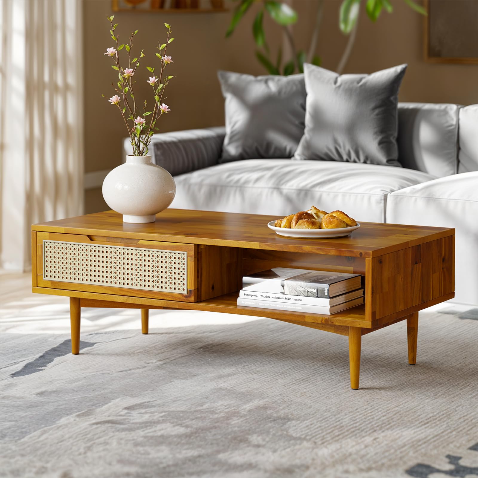 Bme Oliver Solid Wood Coffee Table with Rattan Accent - 2 Drawers and Open Shelf, Mid Century Storage Table with Adjustable Legs