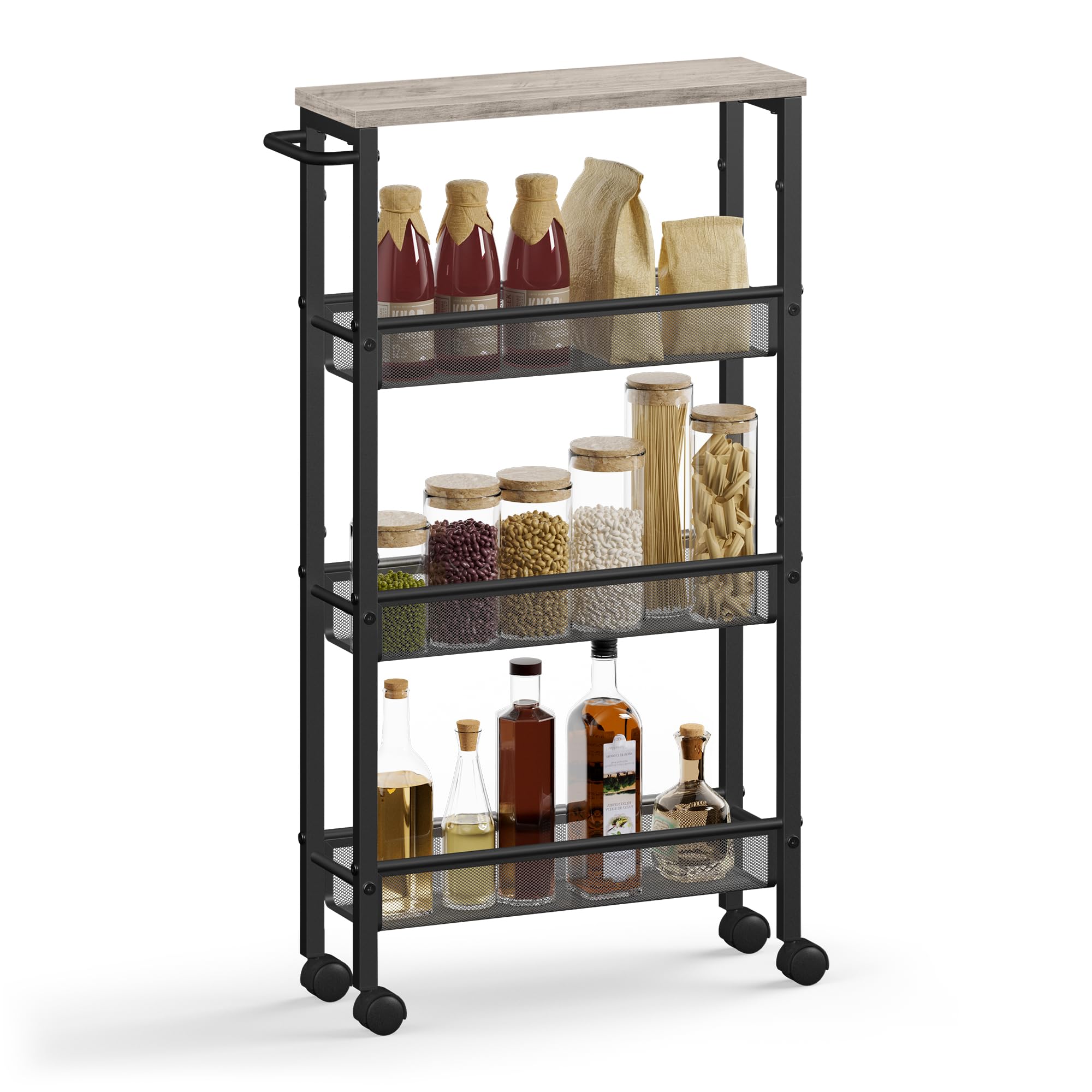 VASAGLE Slim Rolling Cart, 4-Tier Storage Cart, Narrow Cart with Handle, 5.1 Inches Deep, Metal Frame, for Kitchen, Dining Room,