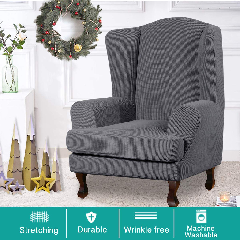 Turquoize Wingback?hair?overs 2 Piece?ing?hair?lipcover Stretch Slipcovers For Wingback Chairs Wing Chair Cover Spandex Jacquard Fabric With Elastic Bottom Non-Slip Furniture Cover, Charcoal Gray
