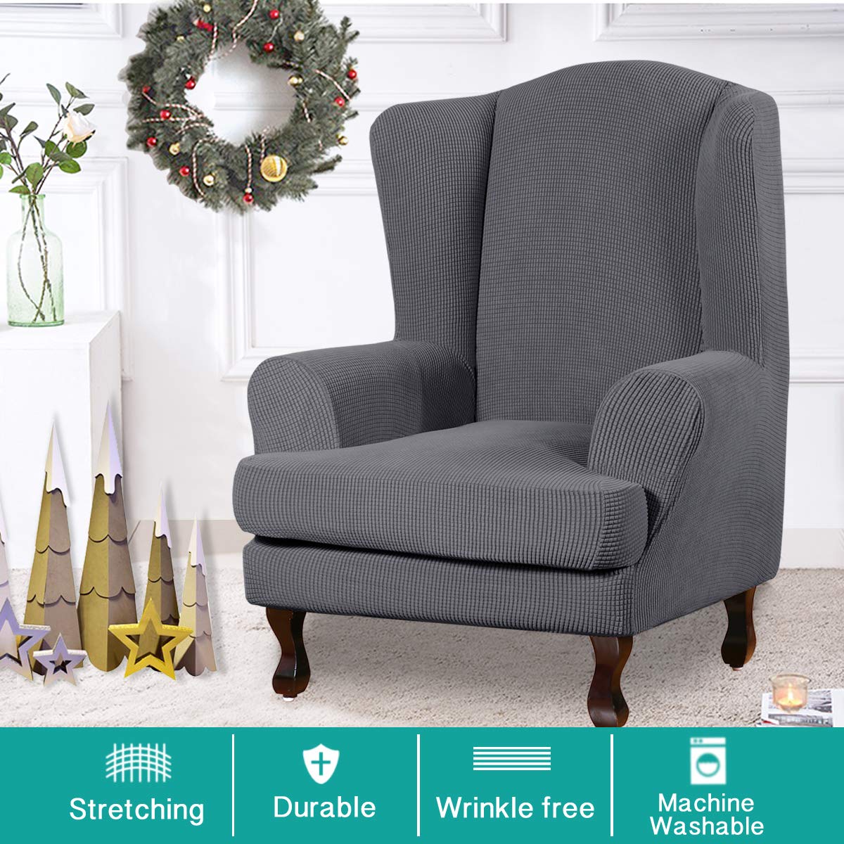 Turquoize Wingback?hair?overs 2 Piece?ing?hair?lipcover Stretch Slipcovers For Wingback Chairs Wing Chair Cover Spandex Jacquard Fabric With Elastic Bottom Non-Slip Furniture Cover, Charcoal Gray