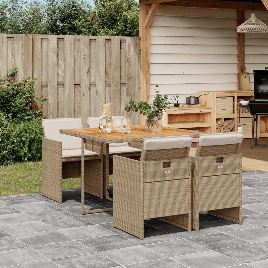 vidaXL 5-Piece Patio Dining Set with Cushions, Beige Poly Rattan, Durable Acacia Wood Tabletop, Foldable Chairs, Comfortable Outdoor Furniture, Garden/Backyard/Patio Use