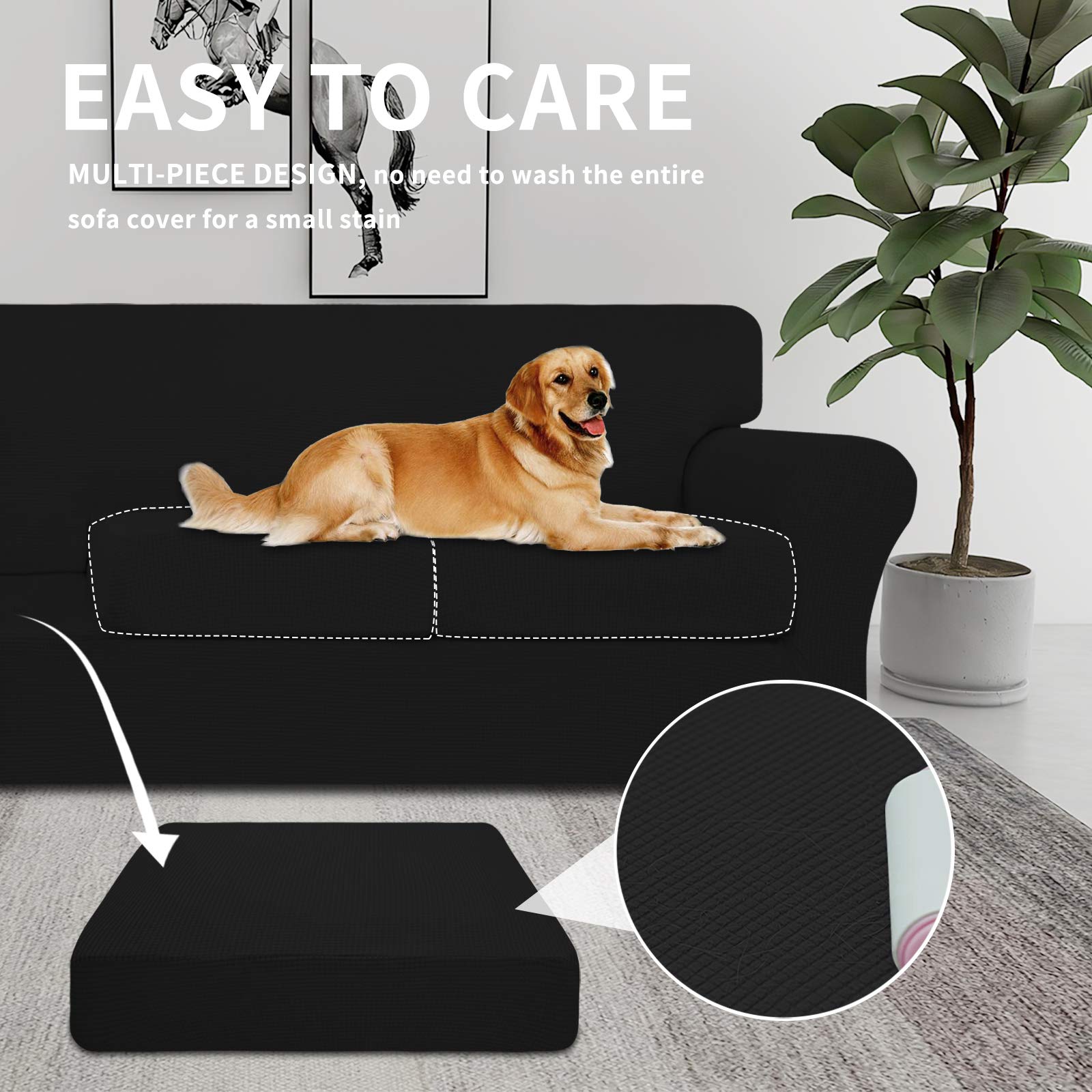 Easy-Going 3 Pieces Stretch Couch Cover Sofa Cover For Dogs Washable Sofa Slipcover For 2 Separate Cushion Couch Spandex Jacquard Fabric Elastic Furniture Protector For Pets, Kids (Black, Loveseat)