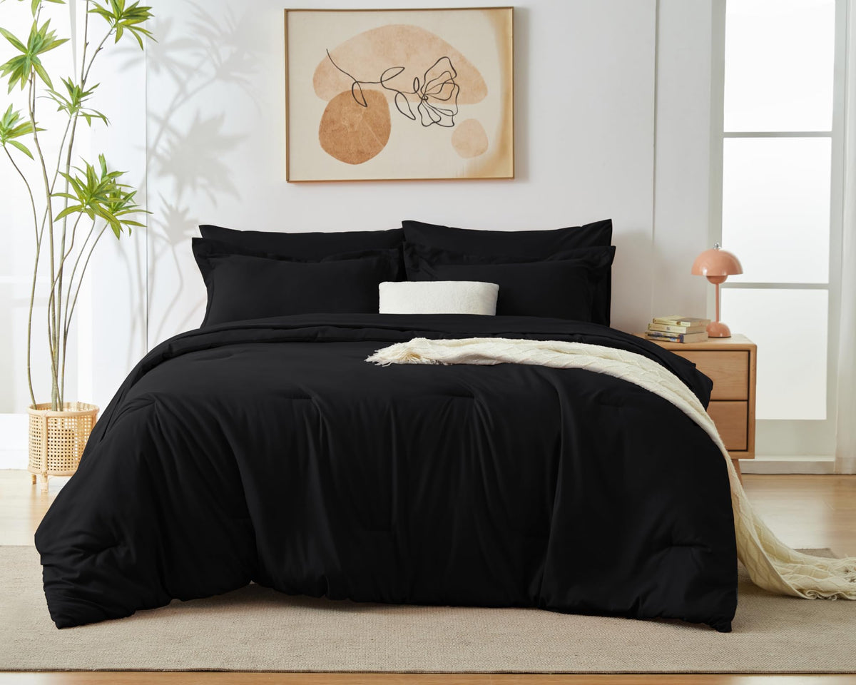 Cozylux Queen Comforter Set Black, 7 Pieces Bed In A Bag Soft Bedding Comforter Set With Sheets, All Season Boho 7Pc Bed Sets With Comforter, Fitted Sheets, Flat Sheets, Pillow Shams And Pillowcases