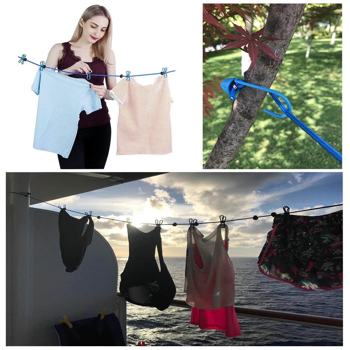 Balkrishna Enterprise Elastic Cloth Drying Rope With Metal Hooks | Clothes Hanging Line With 12 Clips Pegs | Portable Travel Cam