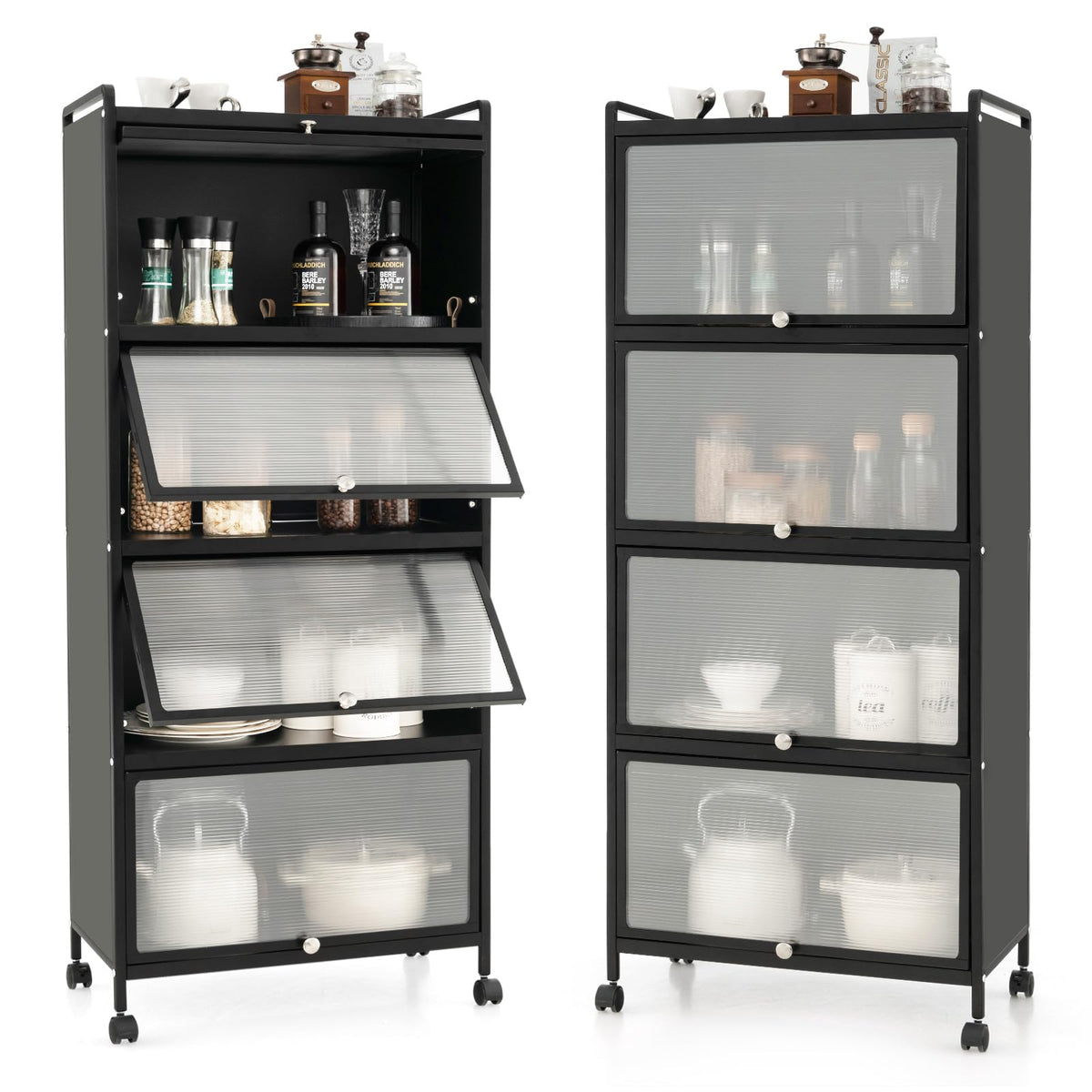 Giantex 5-Tier Kitchen Storage Cabinet, Mobile Microwave Stand With Flip-Up Pc Doors, Freestanding Kitchen Bakers Rack With 4 Rolling Casters, For Dining Room, Living Room And Study, Black