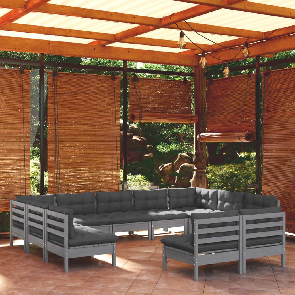 vidaXL Solid Pinewood Patio Lounge Set 11 Piece with Cushions Garden Outdoor Lawn Yard Terrace Balcony Wooden Seat Seating Furniture Gray