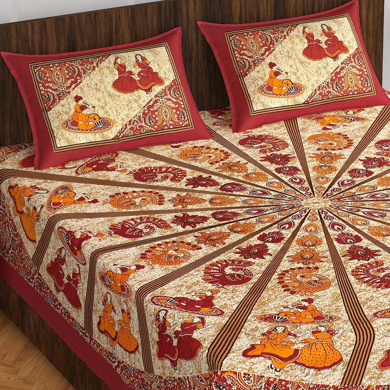 JAIPUR PRINTS Pure 100% Cotton Double Bed Sheet with 2 Pillow Covers (Bedsheet for Double Bed Cotton, Floral Jaipuri, King Style