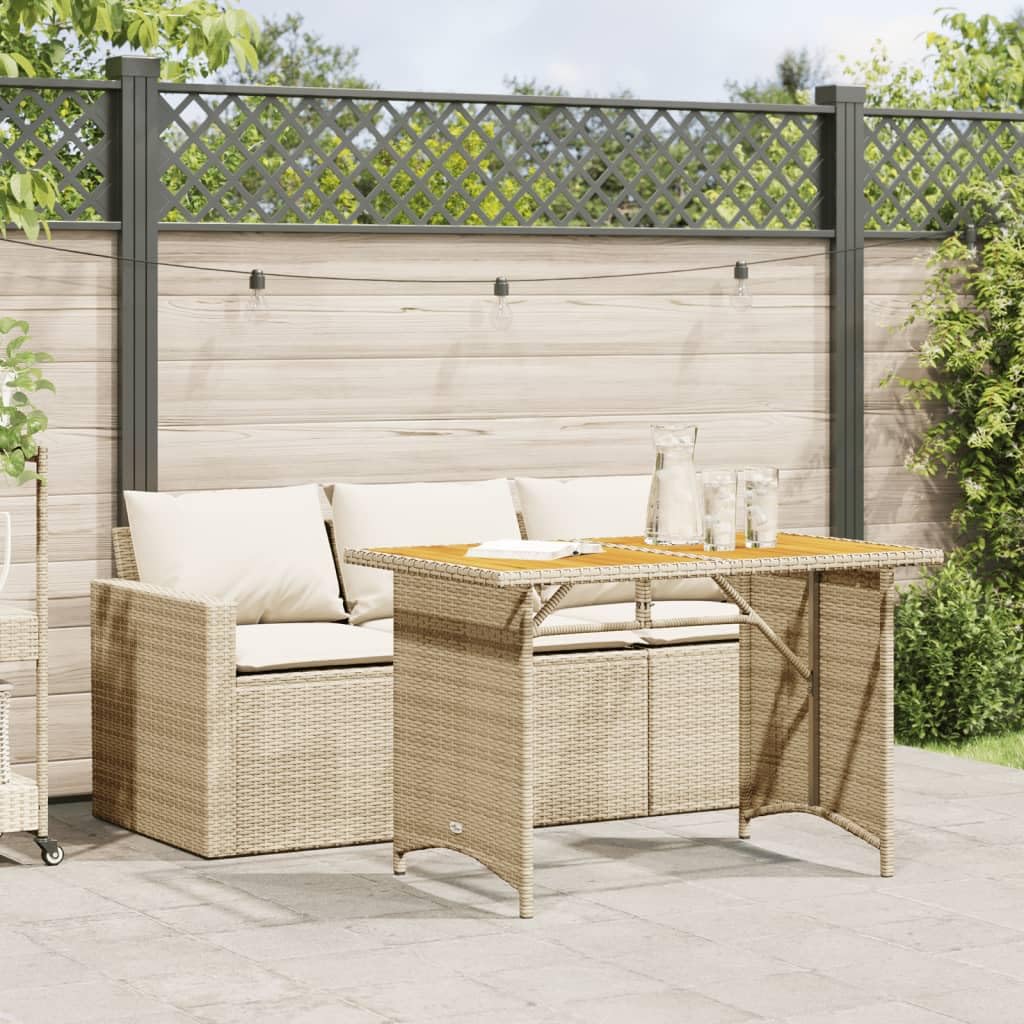 vidaXL Patio Dining Set with Cushions - 2 Piece Poly Rattan Beige Garden Furniture with Acacia Wood Tabletop - Outdoor Sofa for Patio, Deck, Garden, Backyard - Comfortable Seating with Removable C...
