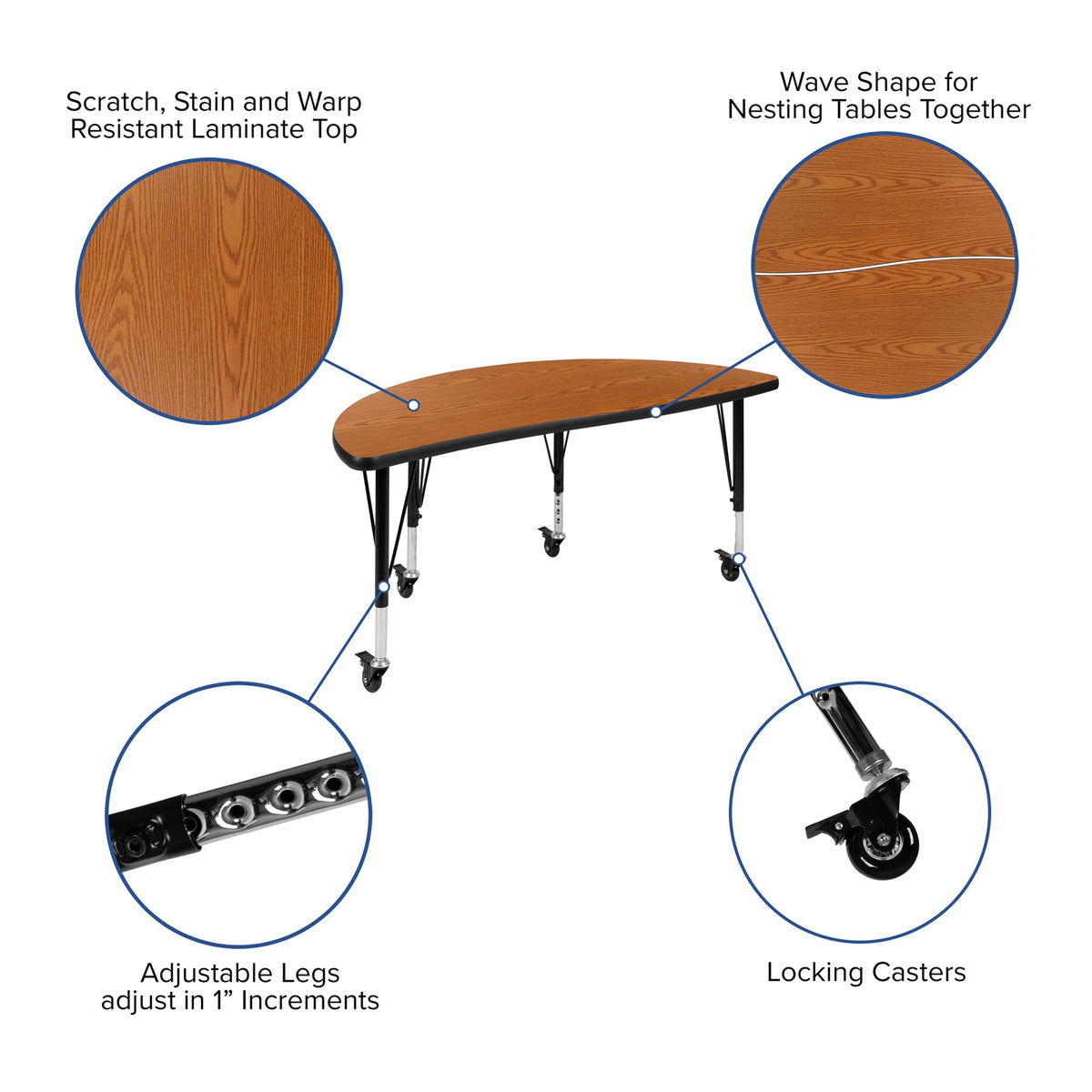 Flash Furniture Emmy 2 Piece Mobile 47.5" Circle Wave Flexible Oak Thermal Laminate Kids Adjustable Activity Table Set