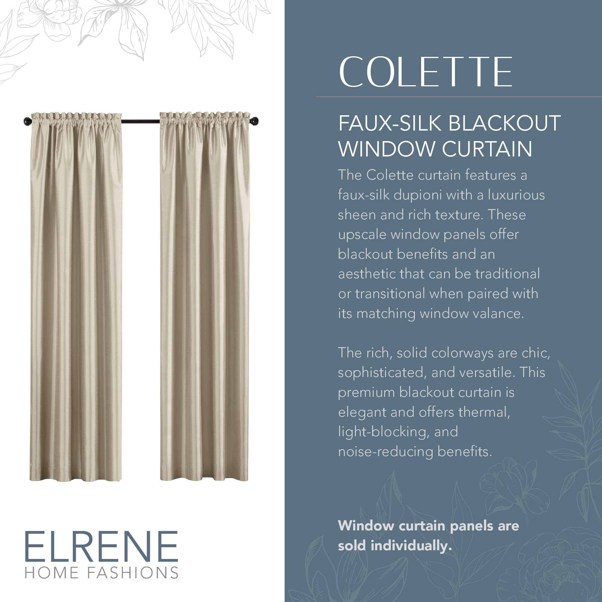Elrene Home Fashions Colette Faux-Silk Blackout Window Curtain, 52 In X 108 In (1 Panel), Ivory
