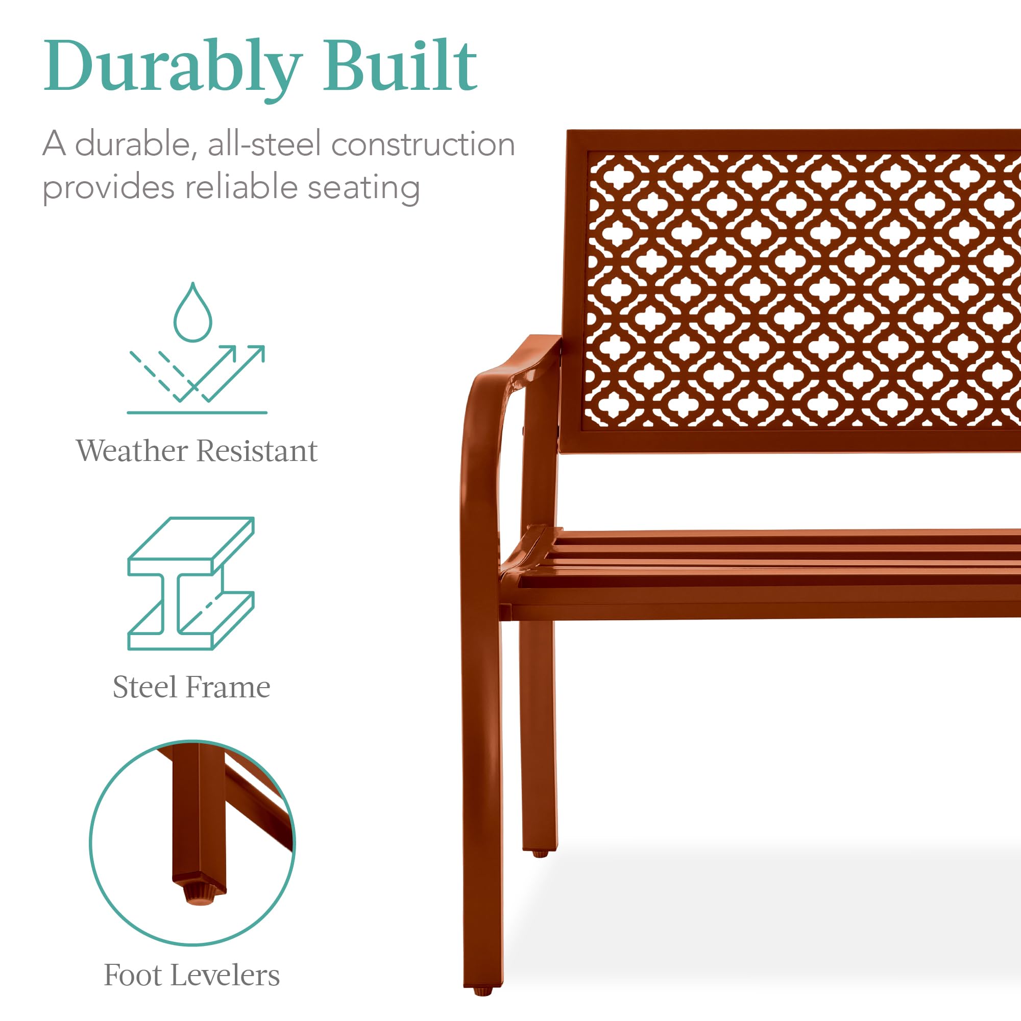Best Choice Products Outdoor Bench 2-Person Metal Steel Benches Furniture For Garden, Patio, Porch, Entryway W/Geometric Backrest, 790Lb Capacity - Rust