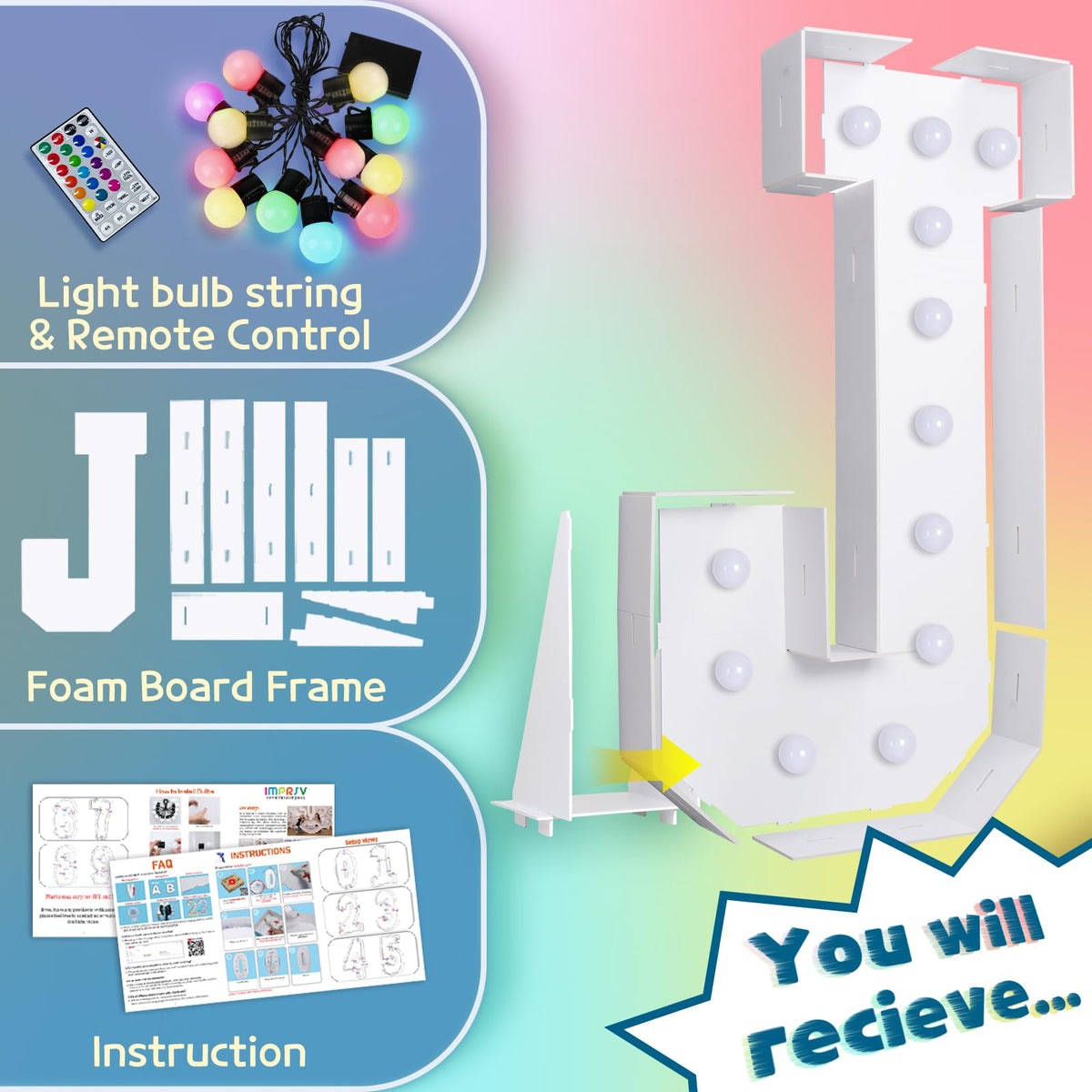 Imprsv 4Ft Colorful Marquee Light Up Letters J, 18 Colors Light Up Letters Alphabet Sign With Remote, One Letters First Birthday