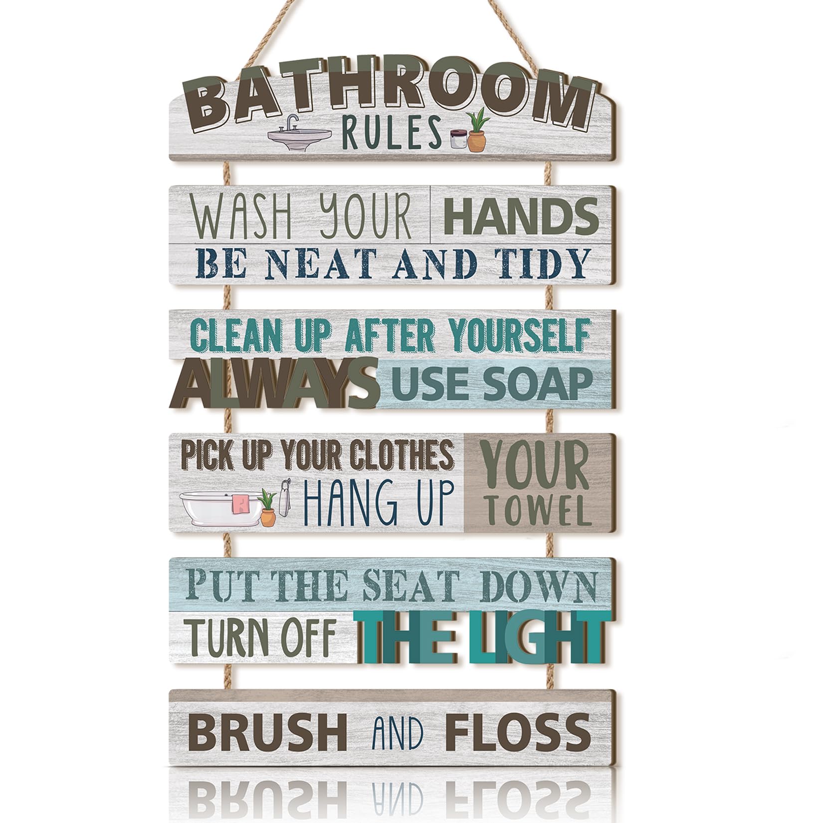 KAIRNE Bathroom Rules Wooden Decor,Wash Hands Sign Wood Plaques,Washroom Accessories,Farmhouse Wall Hanging Signs Wooden Wall Ar