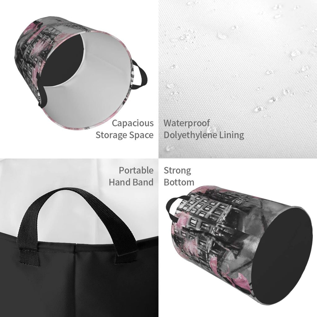 Dujiea Eiffel Tower Pink Lovers In Paris Laundry Basket Round With Handle, Collapsible Foldable Canvas Storage Bin Dirty Clothes
