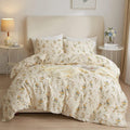 Highbuy 3 Pieces Duvet Cover Full Size White Duvet Cover With Green Floral Print,Soft Cotton Comforter Cover Boho Style,Aestheti