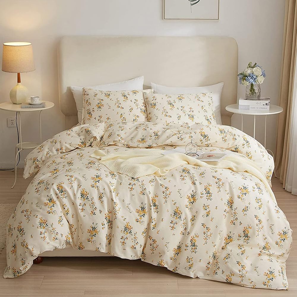 Highbuy 3 Pieces Duvet Cover Full Size White Duvet Cover With Green Floral Print,Soft Cotton Comforter Cover Boho Style,Aestheti