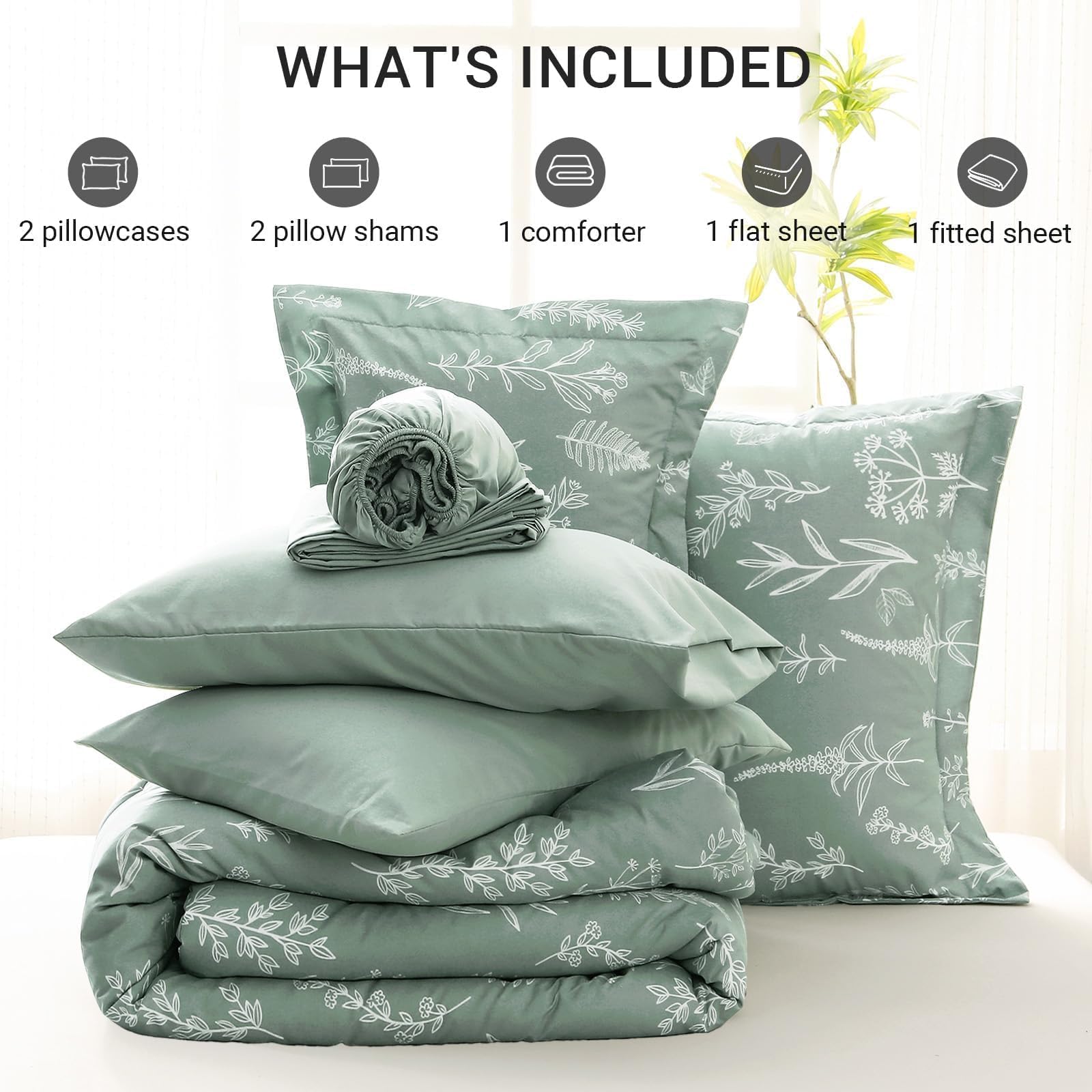 Muxhomo Full Comforter Set, Sage Green Elegant Floral Print Bed In A Bag 7 Pieces, Ultra Soft & Breathable Reversible Botanical