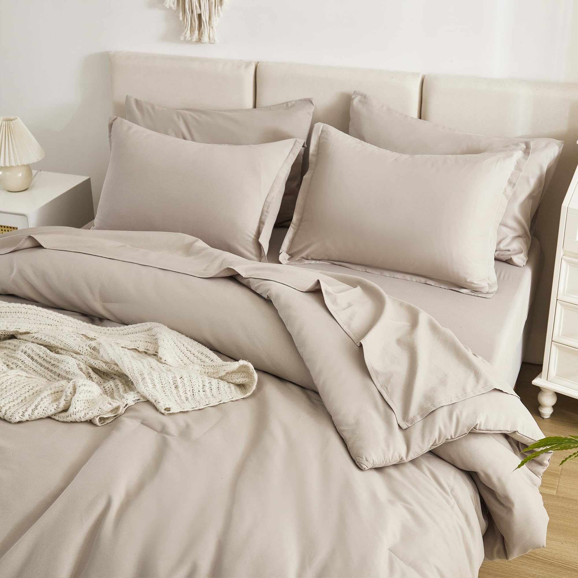 Litanika Comforter California King Size Set Oatmeal - 7 Pieces Bed In A Bag California King Beddding Comforter Sets, Plain Light