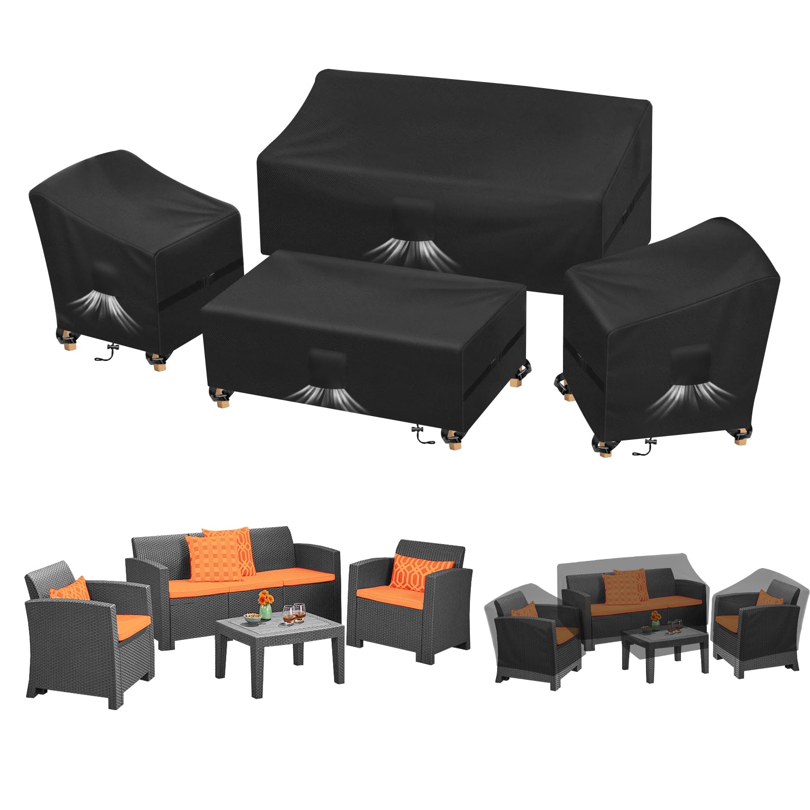 Kovshuiwe Patio Furniture Covers,4-Piece Outdoor Veranda Patio Garden Furniture Covers Set Waterproof - Upgraded 420D Heavy Duty Oxford Fabric Rattan Furniture Cover For Chair Sofa(Black)