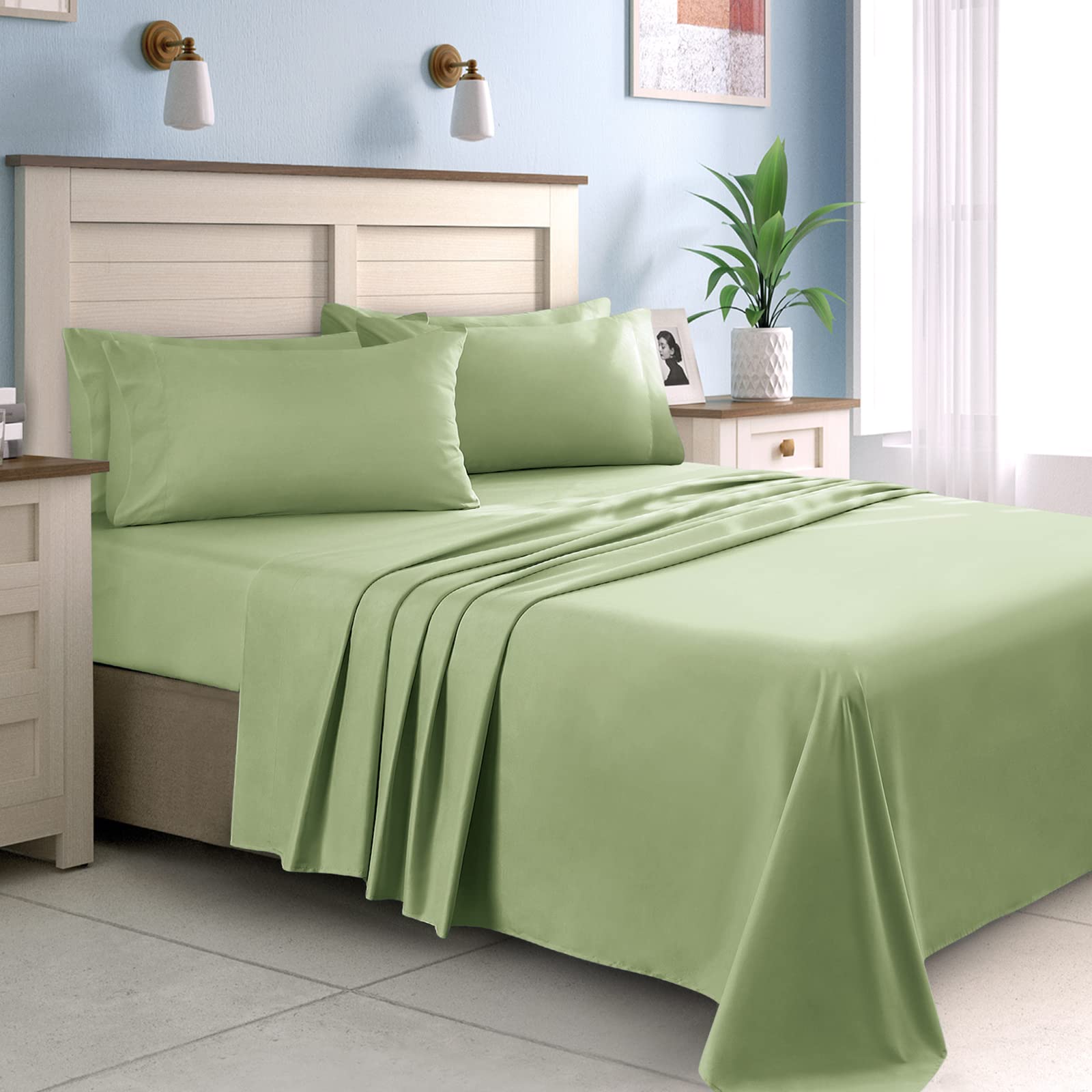 Homeideas King Size Bed Sheets - 6 Piece Set (Sage Green) - Extra Soft Brushed Microfiber 1800 Bedding Sheets, Deep Pocket, Wrinkle & Fade Free