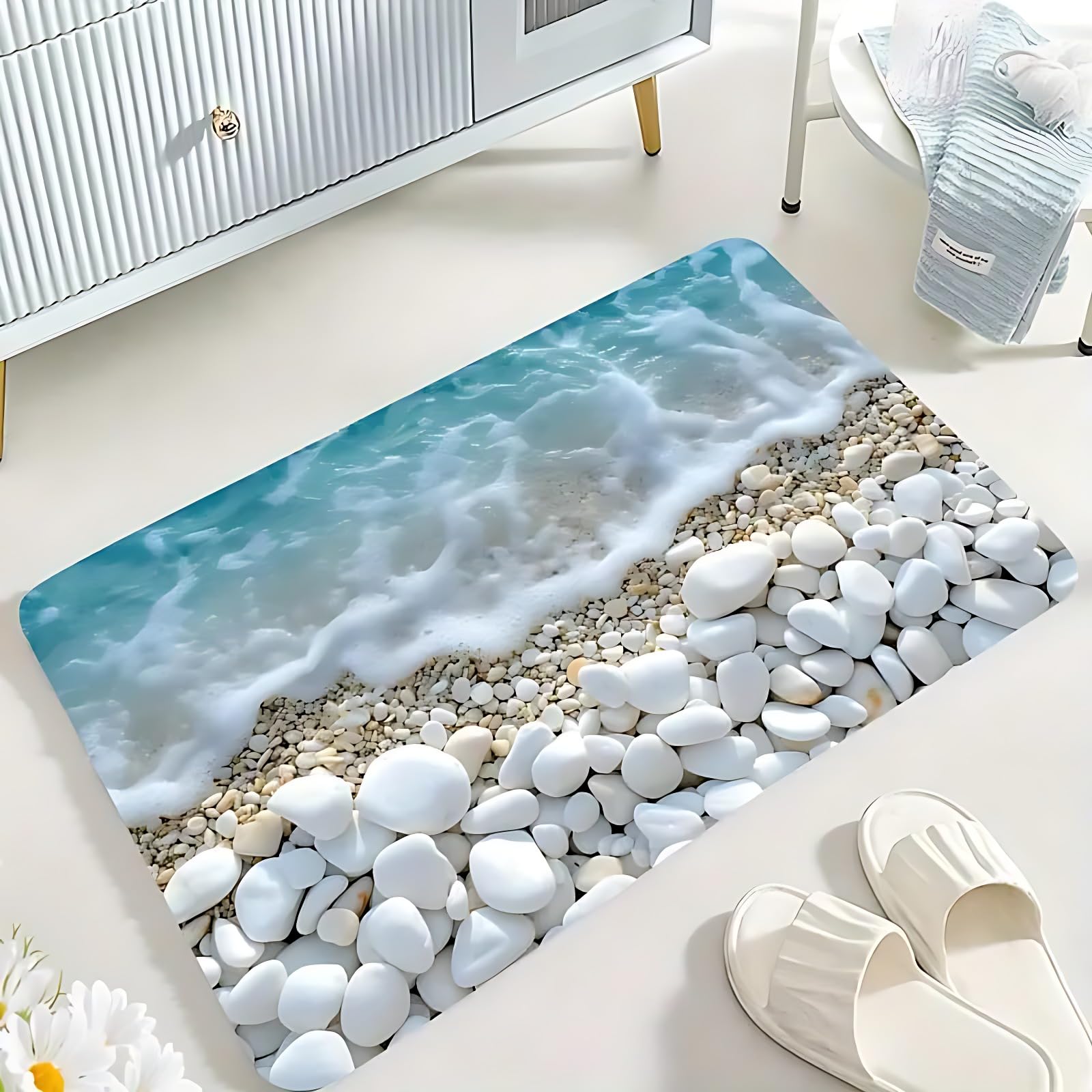 Stolven Beach Pebble Stone Print Bath Mat, Coastal Style, NonSlip Backing, Rectangular, Multicolour, 3D Digital Print
