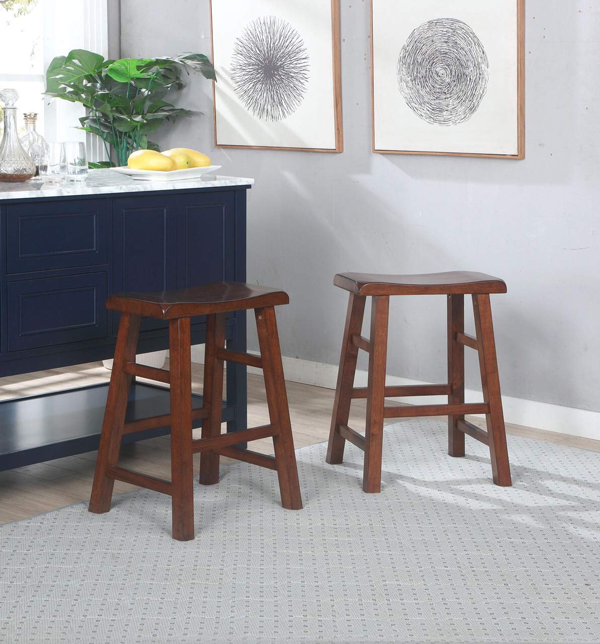 Ehemco Heavy-Duty Solid Wood Saddle Seat Kitchen Counter Height Barstools, 24 Inches, Walnut, Set Of 2