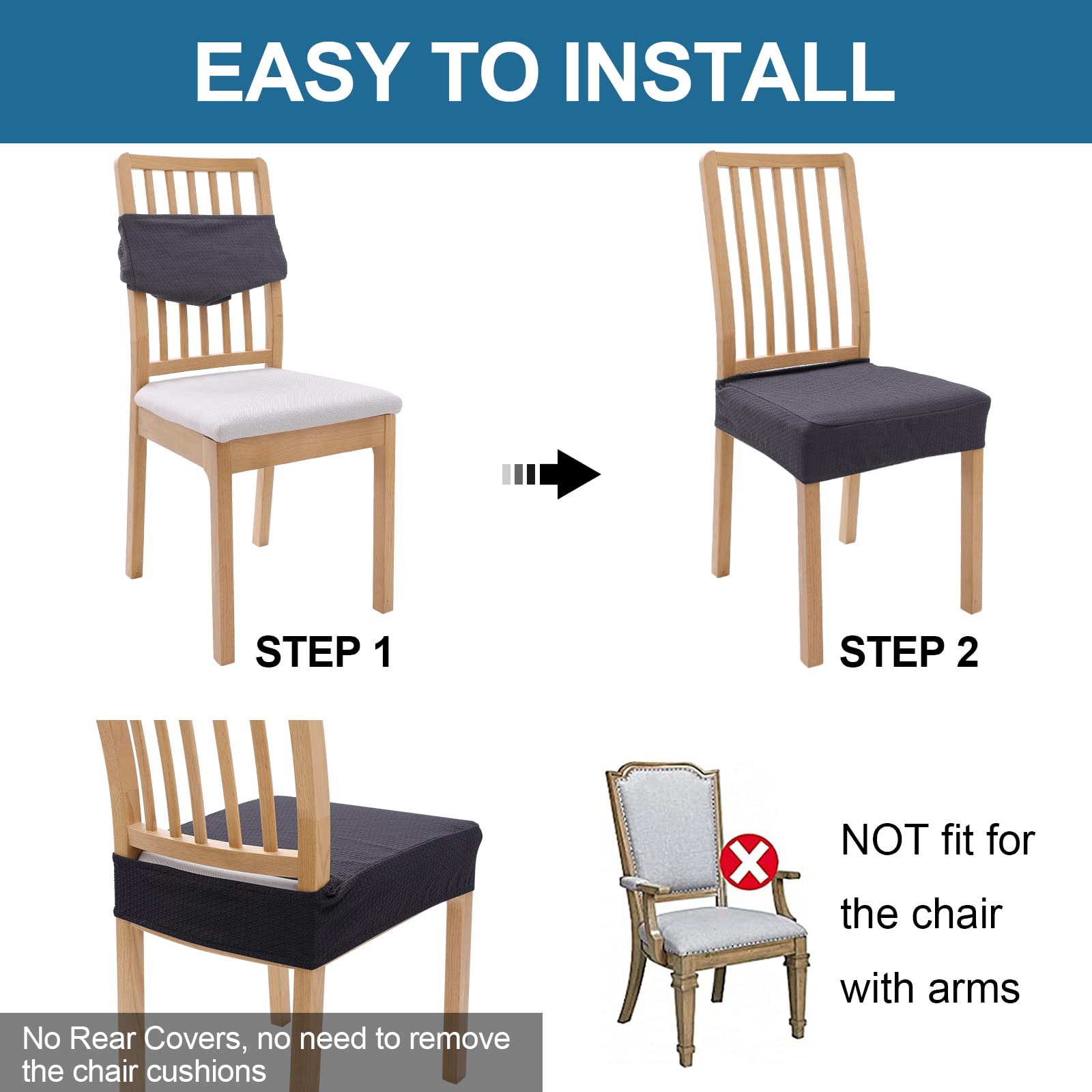Smiry Waterproof Seat Covers For Dining Room Chairs Set Of 8, Stretch Jacquard Removable Washable Chair Seat Slipcovers Protector, No Rear Covers, Dark Grey