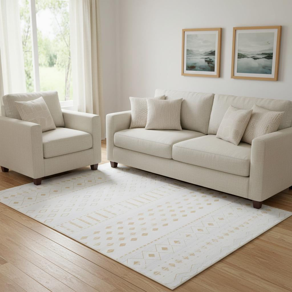 8 X 10 Gold And White Abstract Geometric Washable Area Rug