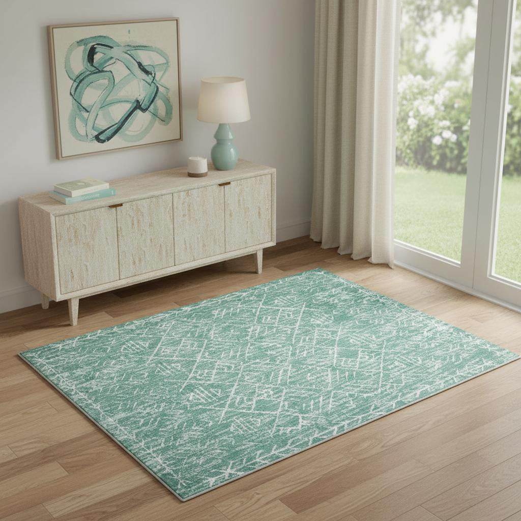 4 X 6 Green And Off White Abstract Geometric Distressed Washable Area Rug