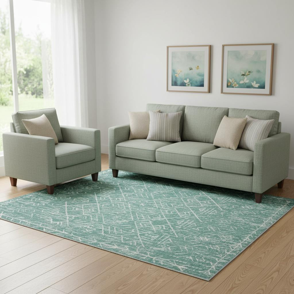 6 X 9 Green And Off White Abstract Geometric Distressed Washable Area Rug
