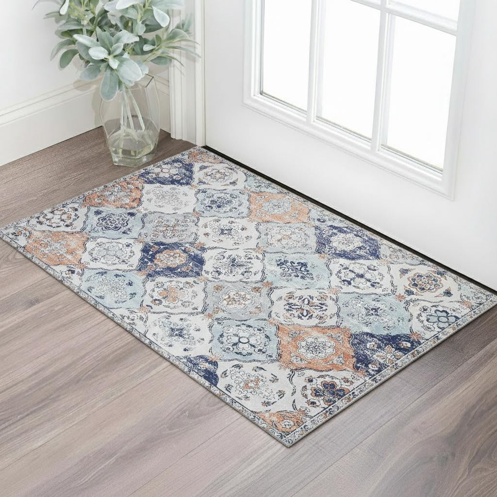 3 X 5 Navy Blue Orange And White Patchwork Distressed Washable Area Rug