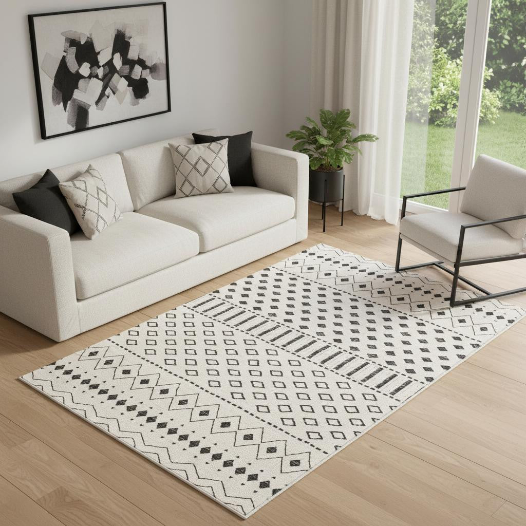 5 X 8 Beige And Black Geometric Washable Area Rug