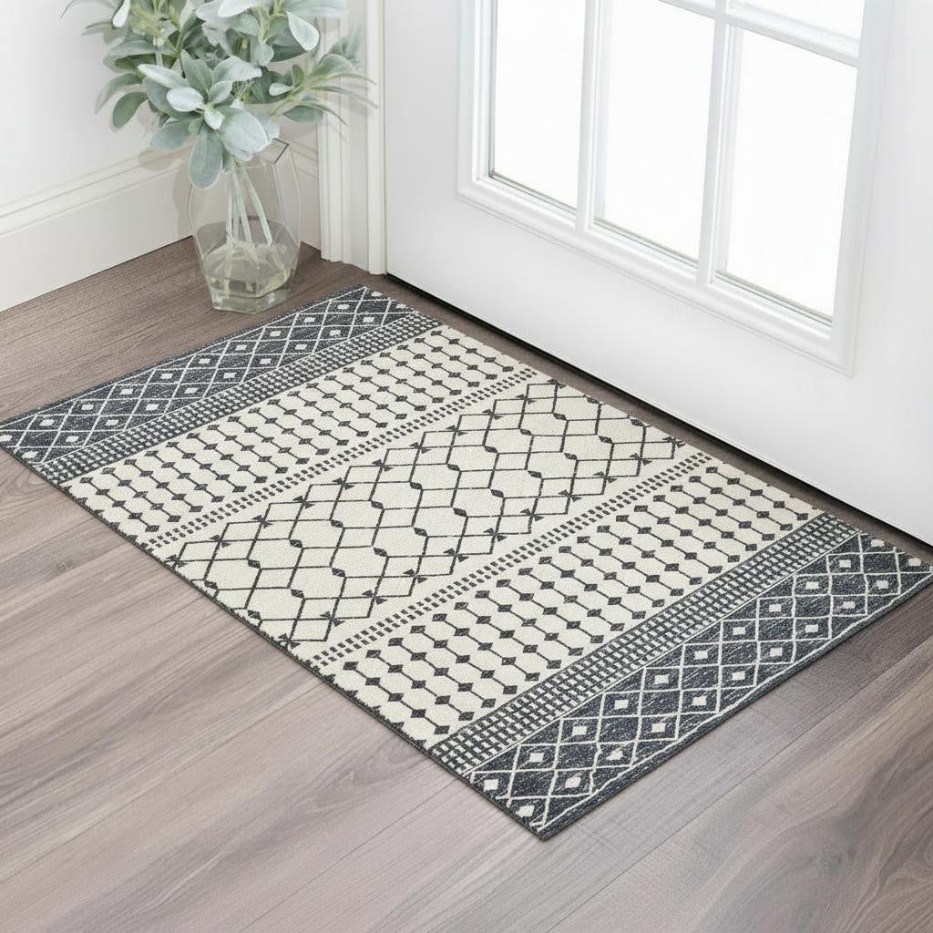 3 X 5 Dark Gray And White Geometric Distressed Washable Area Rug
