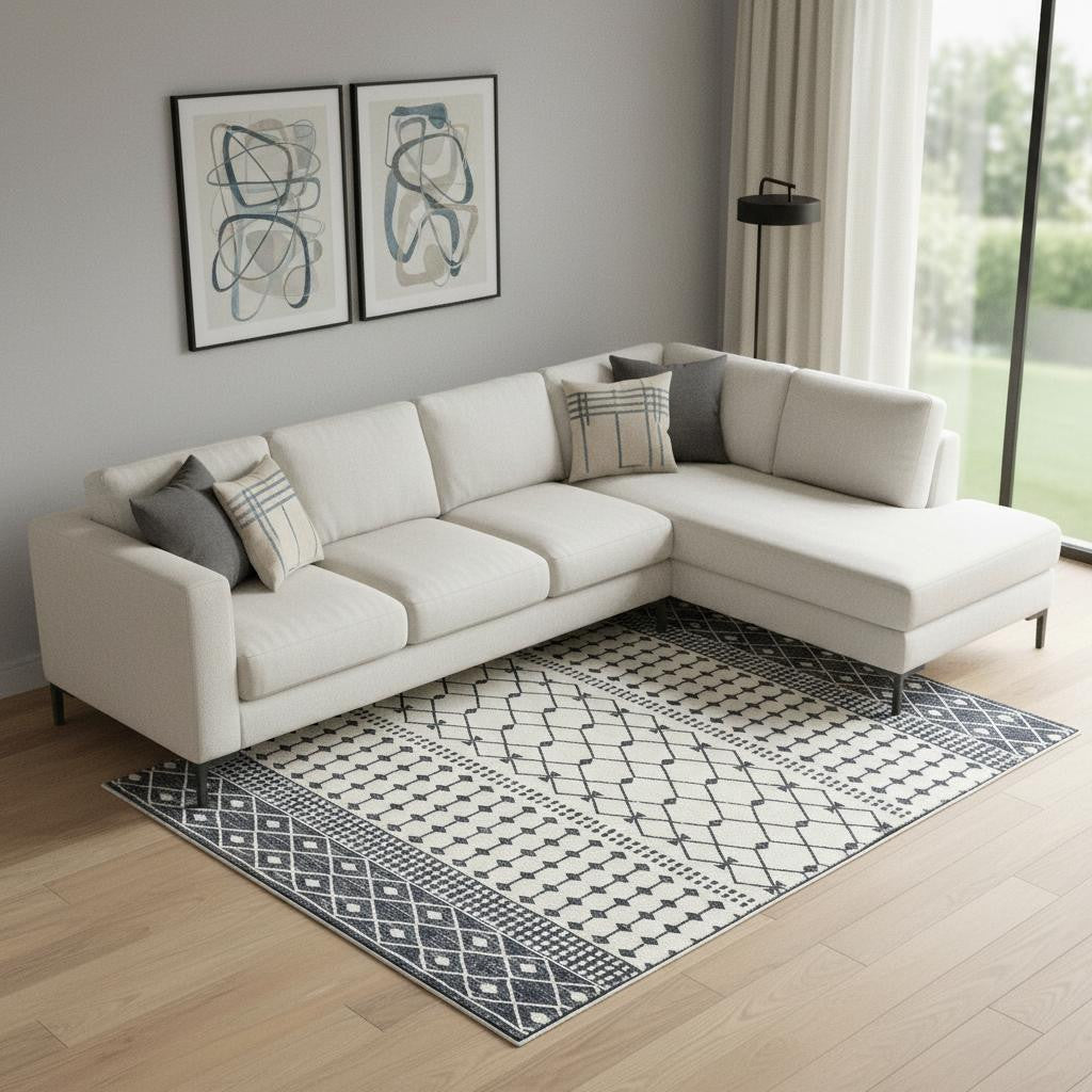 8 X 10 Dark Gray And White Geometric Distressed Washable Area Rug
