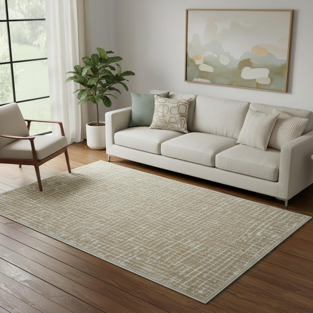 5 X 7 Gold And Ivory Abstract Geometric Distressed Washable Area Rug