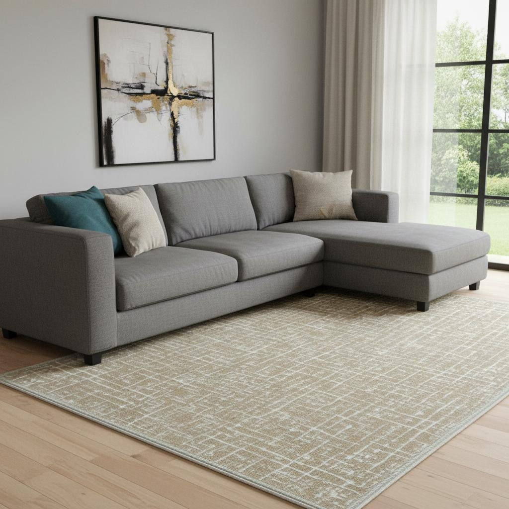 6 X 9 Gold And Ivory Abstract Geometric Distressed Washable Area Rug