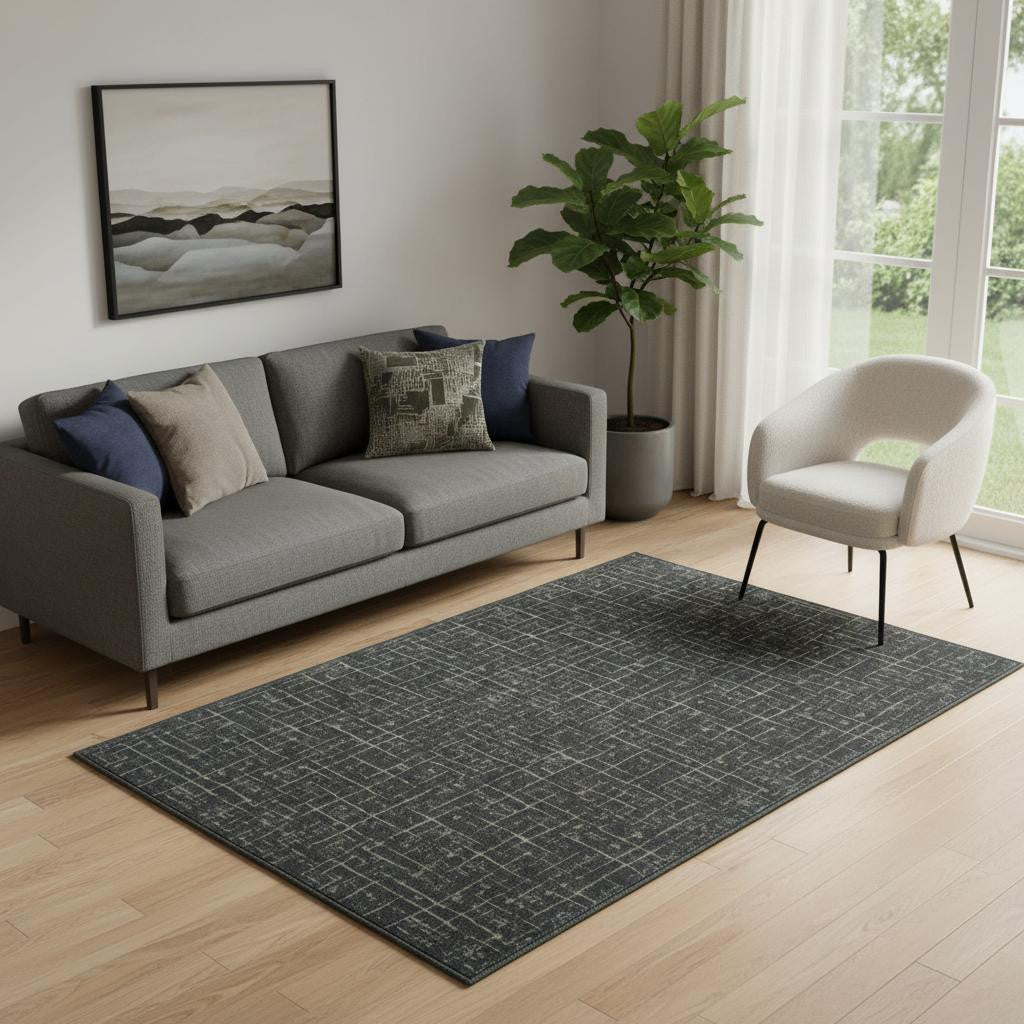 5 X 7 Moss Green And Charcoal Abstract Geometric Washable Area Rug