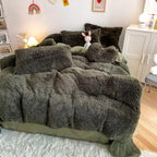 Chovy Faux Fur Plush Blackish Gree Comforter Sets Queen - Ultra Soft Shaggy Flannel Velvet Fluffy Fuzzy 3Pc Bedding Set (Comfort