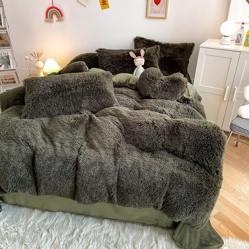 Chovy Faux Fur Plush Blackish Gree Comforter Sets Queen - Ultra Soft Shaggy Flannel Velvet Fluffy Fuzzy 3Pc Bedding Set (Comfort