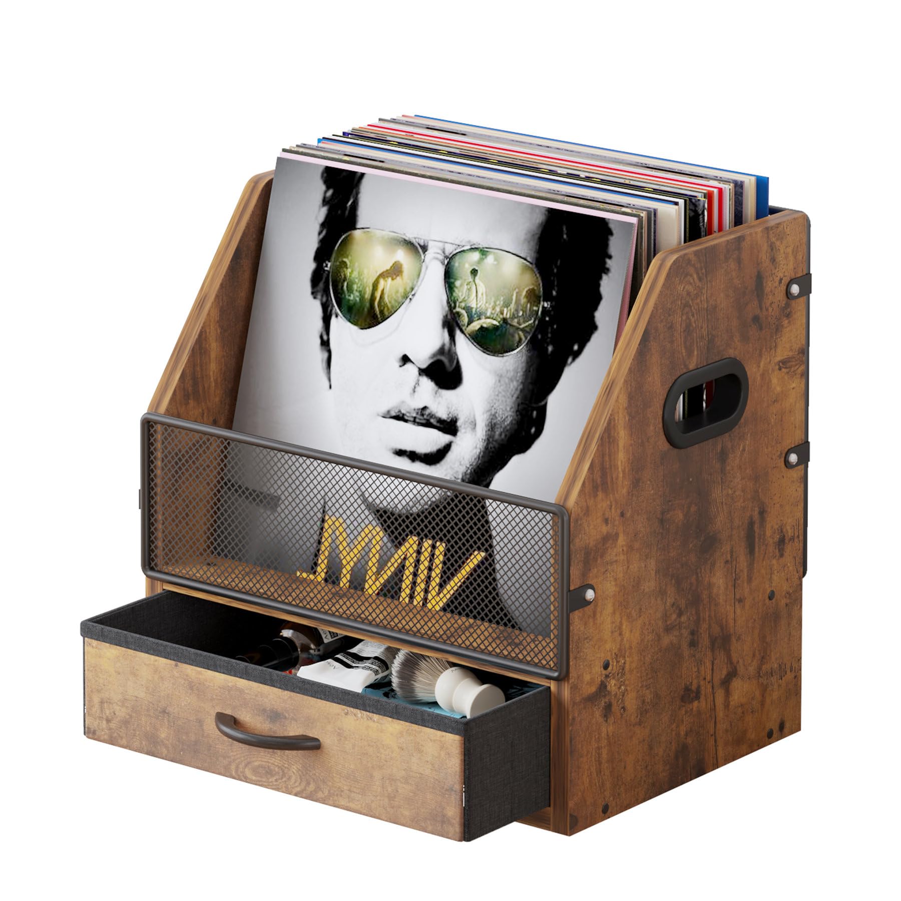 Vondream Vinyl Record Storage With Drawer, Vinyl Record Box Case Crate, Desktop Metal & Wooden Lp Record Crate, Holds Up To 60 R