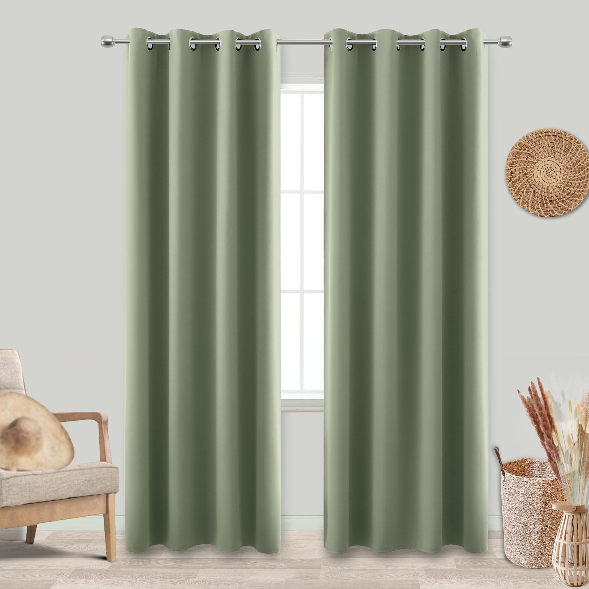 Koufall Dark Sage Green Blackout Curtains For Bedroom 84 Inch Length 2 Panels Set,Thermal Insulated Black Out Drapery Grommet Room Darkening Window Curtain Drapes For Living Room,52X84 Inches Long