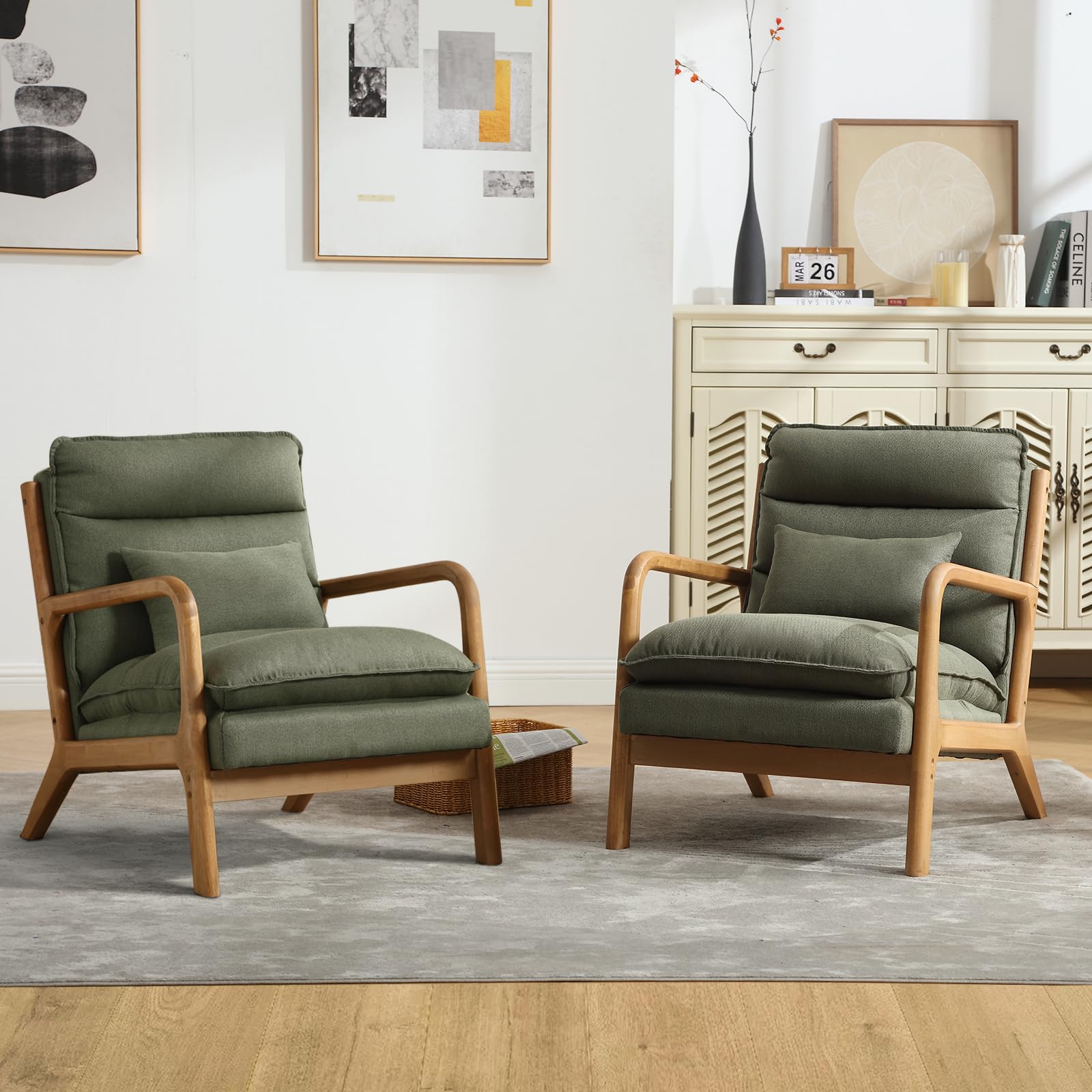 Inzoy Accent Chairs Set Of 2, Mid Century Modern Accent Chair With Wood Frame, Upholstered Reading Armchair With Waist Cushion,